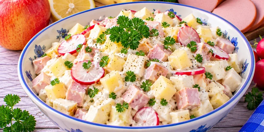 Apfel-Käse-Salat mit Jagdwurst, Joghurt, Quark, Radieschen und Petersilie.