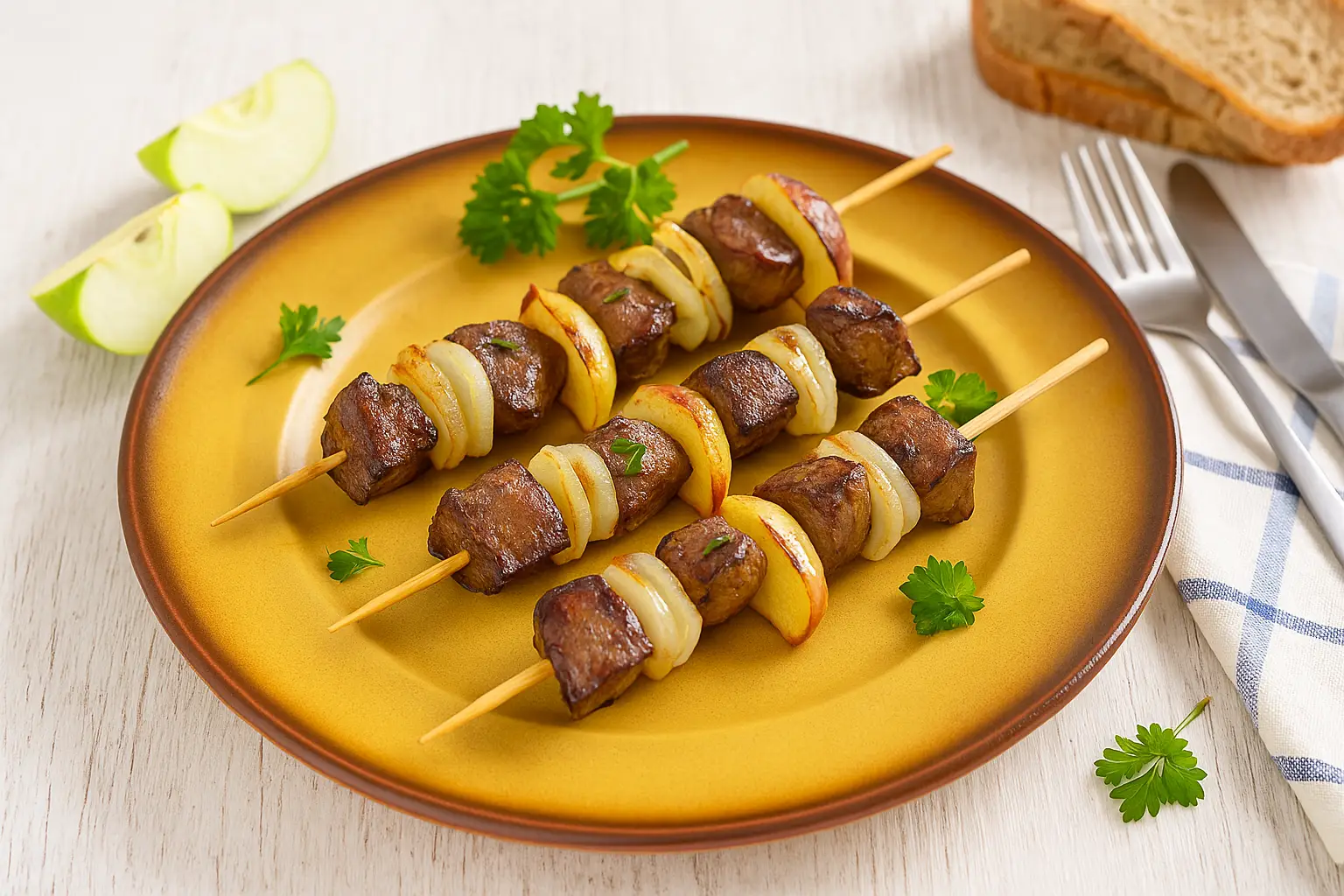  Gegrillte Spieße mit Geflügelleber, Apfel und Zwiebel auf buntem DDR-Teller, modern dekoriert auf weißem Holztisch.