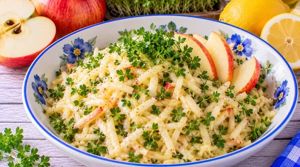 Frischer Apfelsalat mit geriebenen Äpfeln, Gartenkresse und Zitronenmarinade.