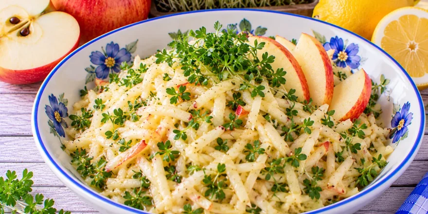 Frischer Apfelsalat mit geriebenen Äpfeln, Gartenkresse und Zitronenmarinade.