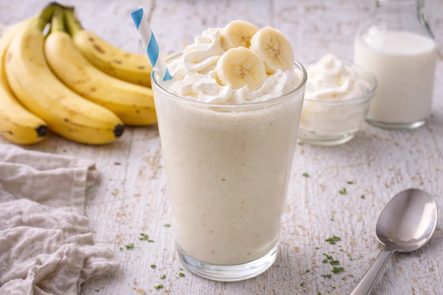 Bananen-Milchshake mit Vanilleeis und Milch im Glas mit Schlagcreme und Bananenscheiben auf weißem Holzhintergrund