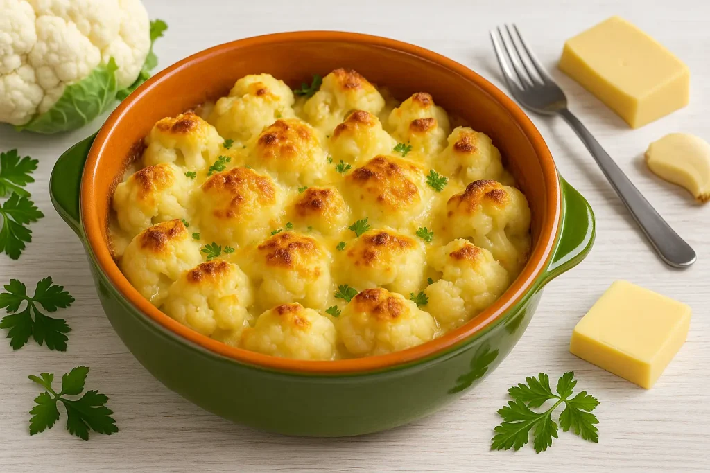  Blumenkohl „Milanese“ mit goldgelber Käsekruste in bunter Auflaufform auf weißem Holztisch, dekoriert mit Kräutern, Butter und Käse.