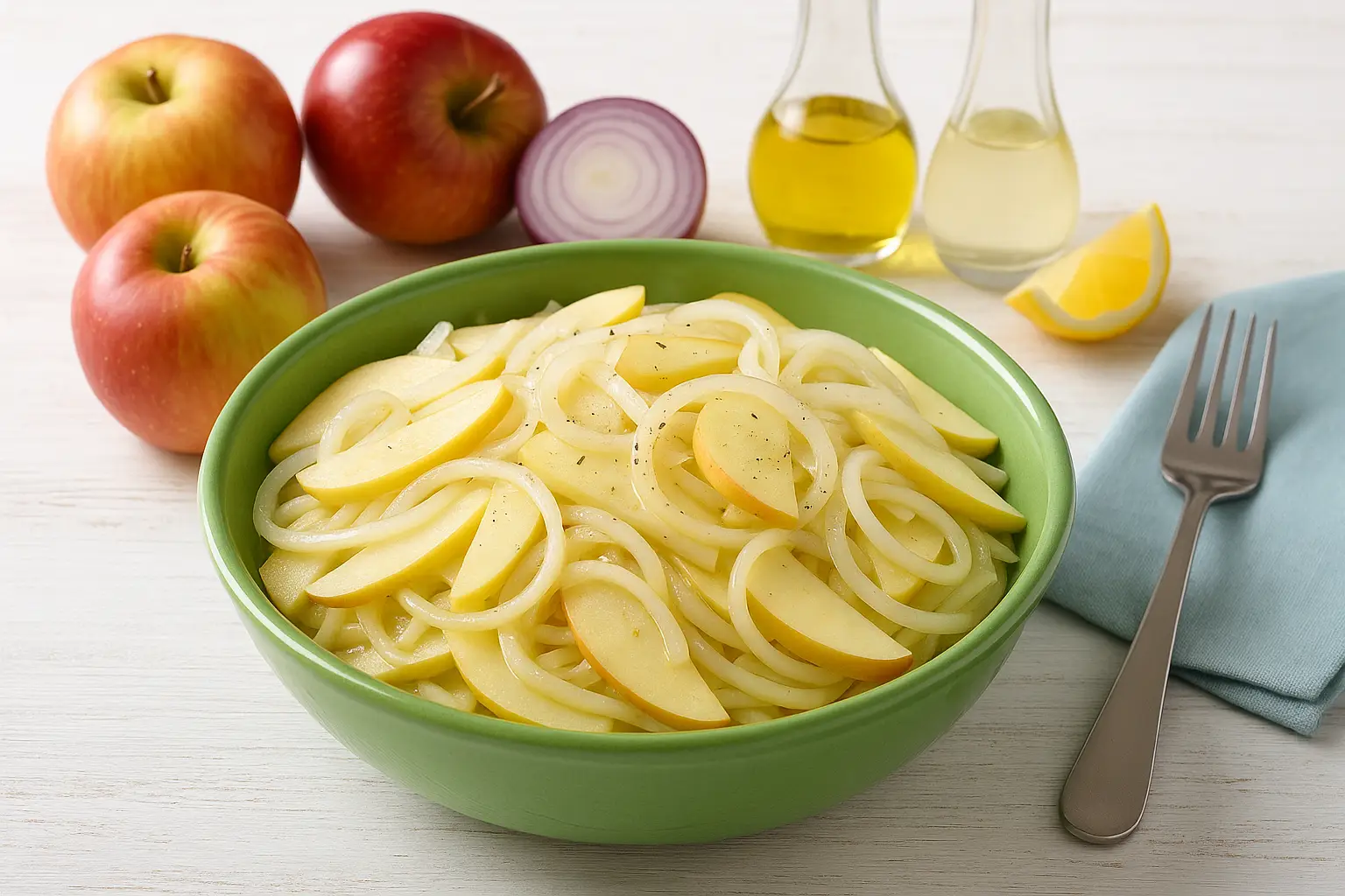  Apfelsalat mit Zwiebeln in grüner Schüssel, auf weißem Holzhintergrund, dekoriert mit frischen Äpfeln, Öl, Essig und Zitrone.