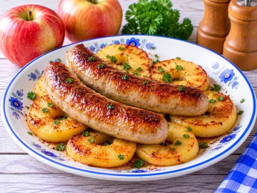 Goldbraune Bratwürstchen auf gebratenen Apfelscheiben aus der Pfanne.