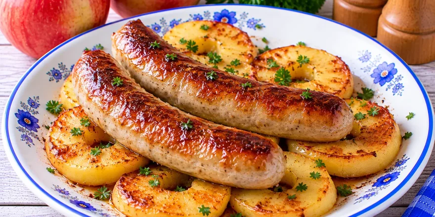 Goldbraune Bratwürstchen auf gebratenen Apfelscheiben aus der Pfanne.
