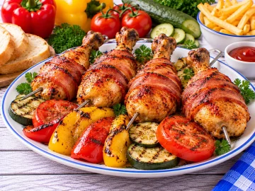 Gegrillte Broilerkeulen mit Rauchspeck, Paprika, Tomaten und Gurken.