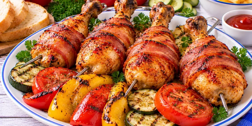 Gegrillte Broilerkeulen mit Rauchspeck, Paprika, Tomaten und Gurken.