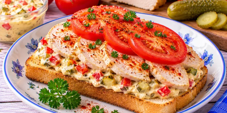 Budapester Hühnersandwich mit Hühnerbrust, Paprika, Gewürzgurke und Tomate.