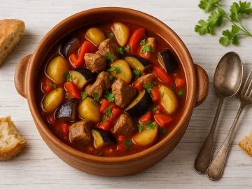 Rustikaler Tontopf mit Buglama, einem Hammelfleischeintopf mit Auberginen, Tomaten, Kartoffeln und Paprika, dekoriert mit frischen Kräutern.