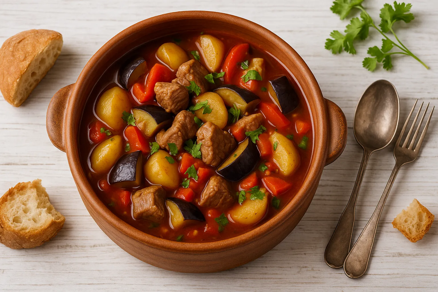 Rustikaler Tontopf mit Buglama, einem Hammelfleischeintopf mit Auberginen, Tomaten, Kartoffeln und Paprika, dekoriert mit frischen Kräutern.