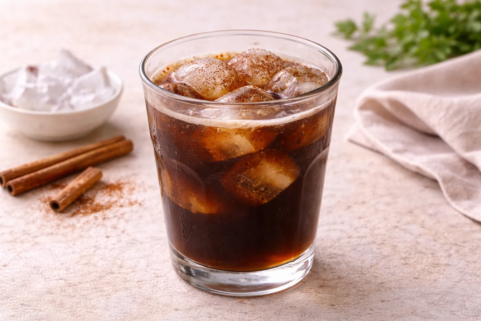 Heißer Kaffee mit Eiswürfeln, Zimt und Weinbrand in Glas