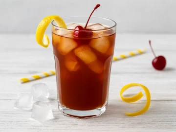 Eistee mit Schuß in Glas auf Eiswürfeln, garniert mit Zitronenspirale und Maraschinokirsche