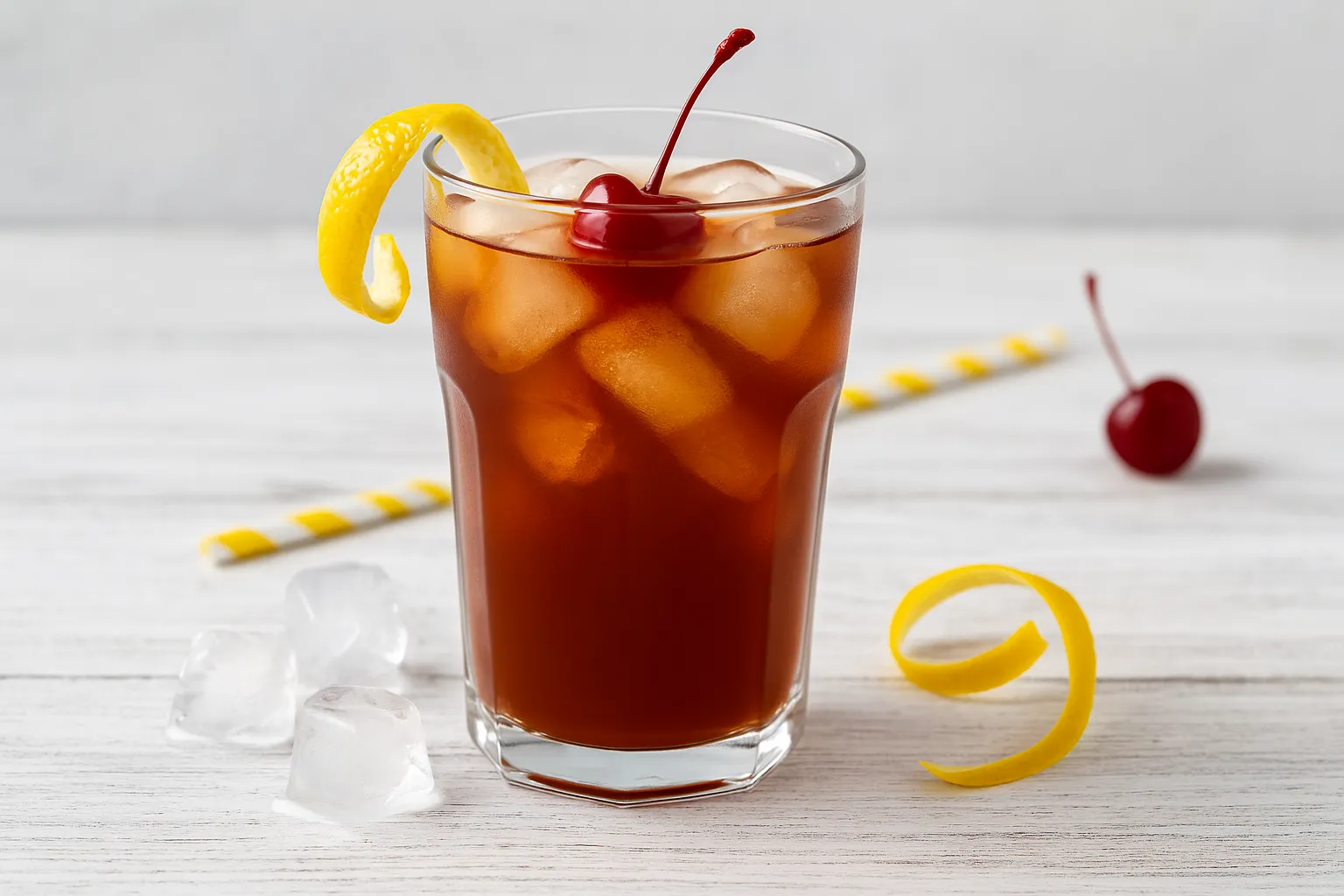 Eistee mit Schuß in Glas auf Eiswürfeln, garniert mit Zitronenspirale und Maraschinokirsche