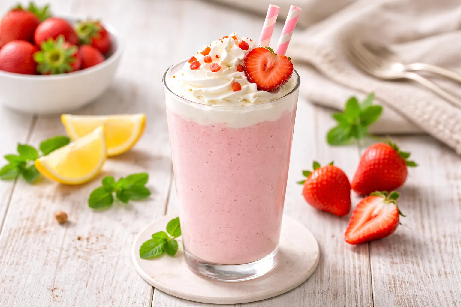 Cremiger Frucht-Milchshake mit Erdbeeren und Sahne in hohem Glas auf hellem Holztisch