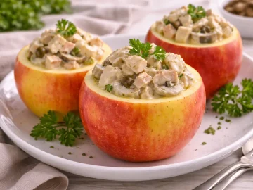 Geflügelcocktail mit Hühnerfleisch, Champignons, Kapern und Mayonnaise, angerichtet in einem ausgehöhlten Apfel auf hellem Untergrund.