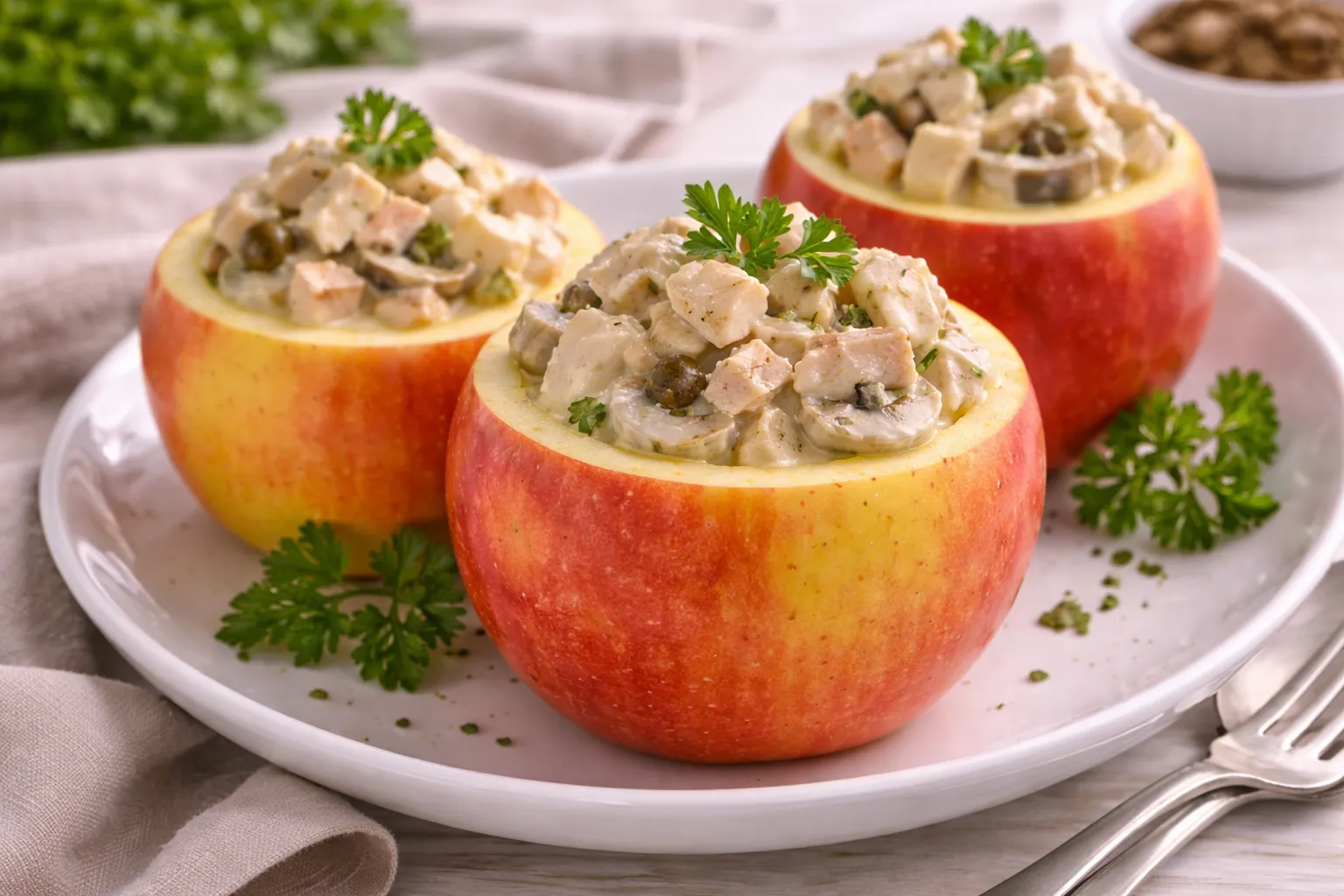 Geflügelcocktail mit Hühnerfleisch, Champignons, Kapern und Mayonnaise, angerichtet in einem ausgehöhlten Apfel auf hellem Untergrund.