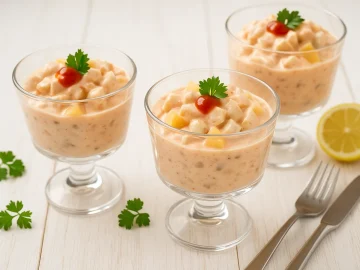 Gläser mit Geflügelcocktail aus Hühnerfleisch, Pfirsichen und Cocktailsoße, dekoriert mit Kräutern, auf weißem Holzhintergrund.