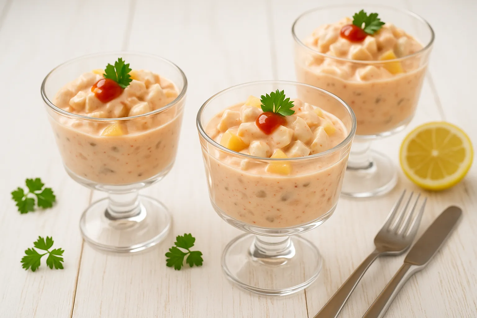 Gläser mit Geflügelcocktail aus Hühnerfleisch, Pfirsichen und Cocktailsoße, dekoriert mit Kräutern, auf weißem Holzhintergrund.