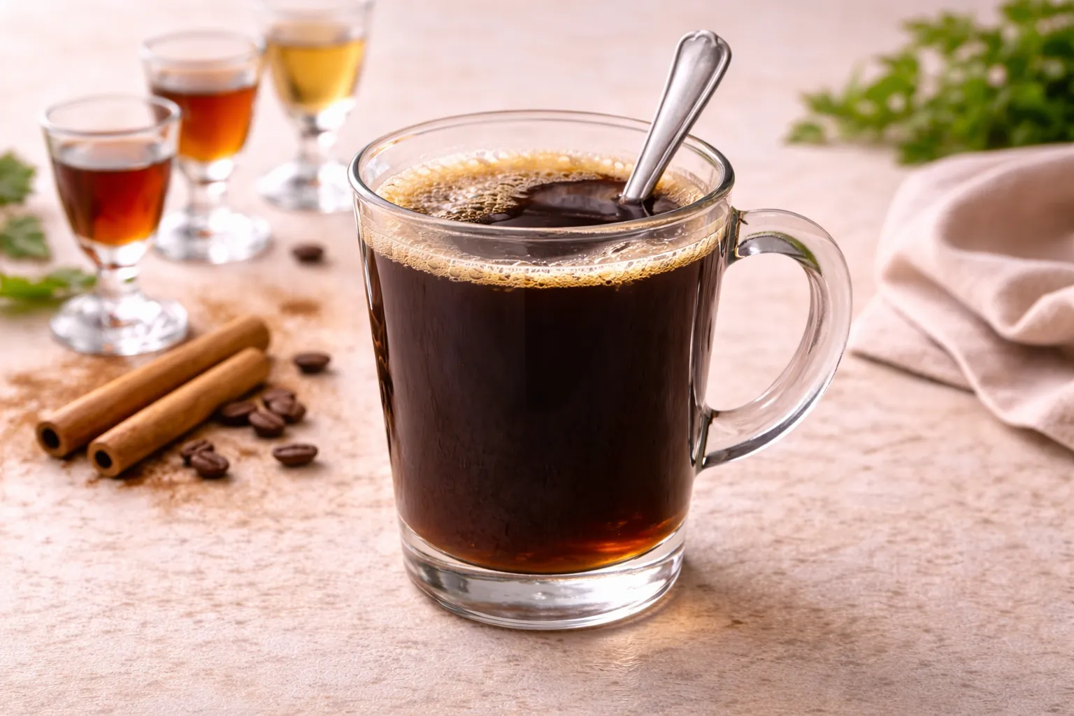 Heißer Kaffee mit Pflaumengeist in einem Glas