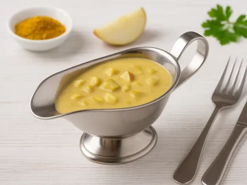 Indische Soße mit Curry und Äpfeln in einer Edelstahl-Sauciere auf weißem Holztisch mit Dekoration