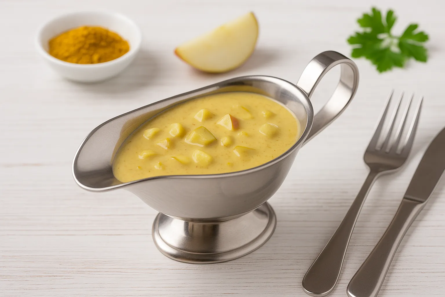 Indische Soße mit Curry und Äpfeln in einer Edelstahl-Sauciere auf weißem Holztisch mit Dekoration