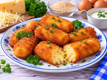 Goldbraun gebratene Käsekroketten mit knuspriger Panade und weicher Käsefüllung.