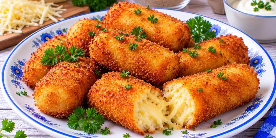 Goldbraun gebratene Käsekroketten mit knuspriger Panade und weicher Käsefüllung.