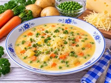 Cremige Käsesuppe mit Kartoffeln, Möhren, grünen Erbsen und geriebenem Käse.