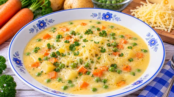 Cremige Käsesuppe mit Kartoffeln, Möhren, grünen Erbsen und geriebenem Käse.