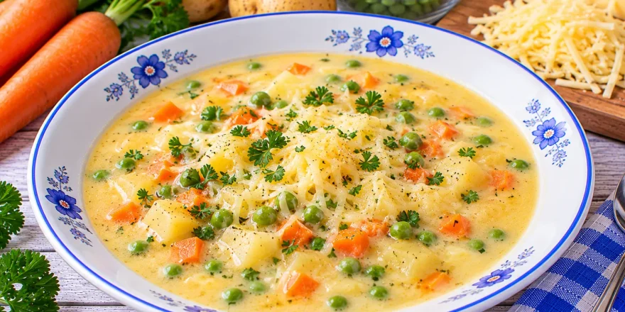 Cremige Käsesuppe mit Kartoffeln, Möhren, grünen Erbsen und geriebenem Käse.
