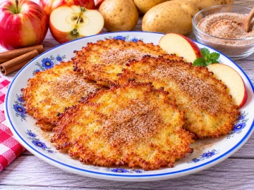 Knusprige Kartoffelpuffer mit geriebenem Apfel, Zimt und Zucker.