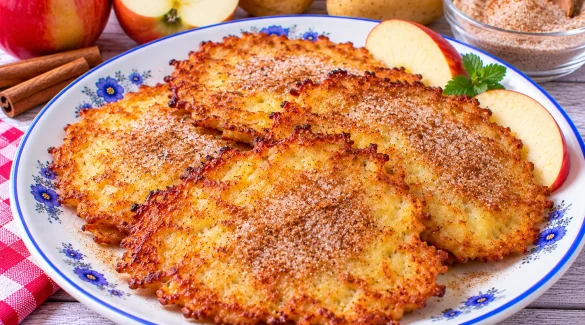 Knusprige Kartoffelpuffer mit geriebenem Apfel, Zimt und Zucker.