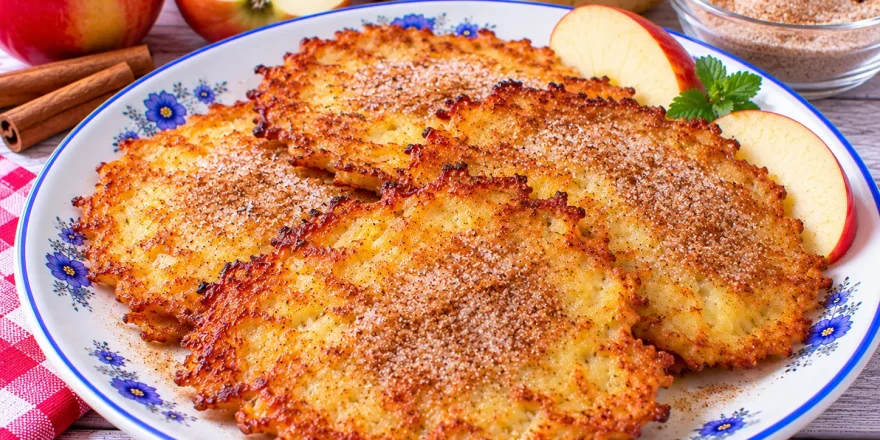 Knusprige Kartoffelpuffer mit geriebenem Apfel, Zimt und Zucker.