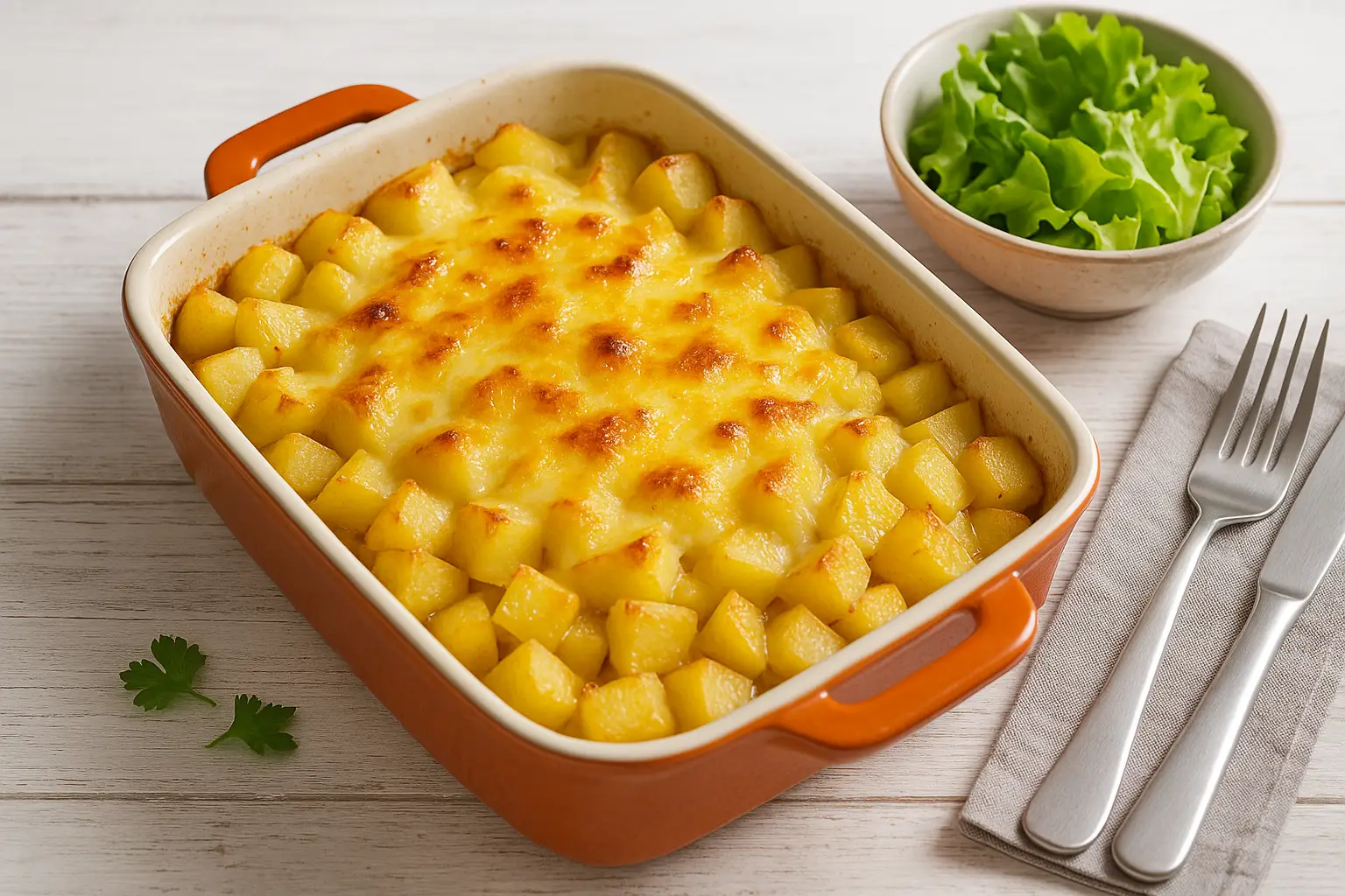  Überbackene Kartoffelwürfel mit Käse in orangefarbener Auflaufform, serviert mit frischem Salat und Besteck auf weißem Holztisch.