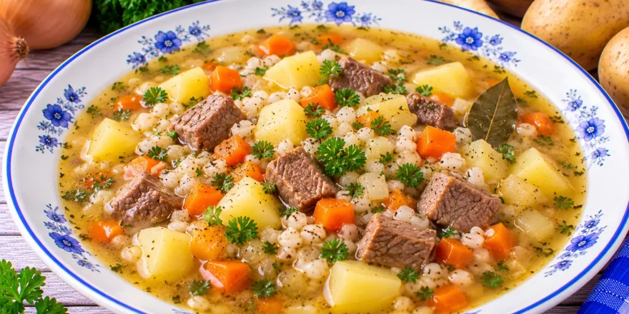Herzhafte Kartoffelsuppe mit Gräupchen, Rindfleisch, Möhren und Petersilie.
