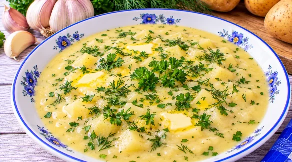 Cremige Kartoffelsuppe mit Knoblauch, Dill, Petersilie und Butter.