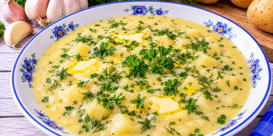 Cremige Kartoffelsuppe mit Knoblauch, Dill, Petersilie und Butter.