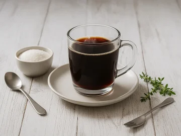 Kosakenkaffee in hitzebeständigem Glas mit dampfender Oberfläche, serviert auf rustikalem Holztisch