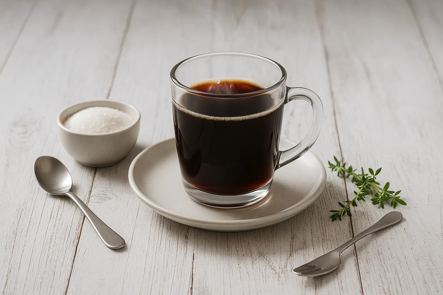 Kosakenkaffee in hitzebeständigem Glas mit dampfender Oberfläche, serviert auf rustikalem Holztisch