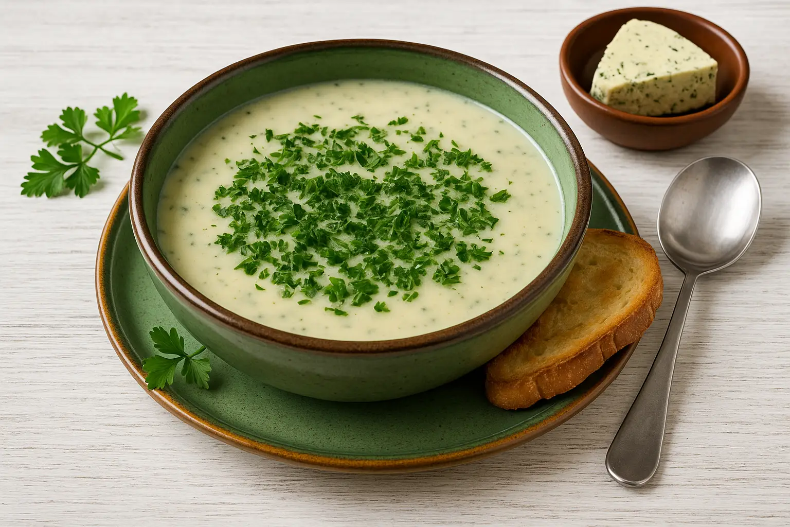  Kräuterkäsesuppe mit Schmelzkäse und frischen Kräutern in bunter Schüssel, dekoriert auf weißem Holz.