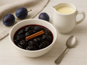 Mecklenburger Pflaumenpudding in einer weißen Schale, serviert mit Vanillesoße auf Holzhintergrund