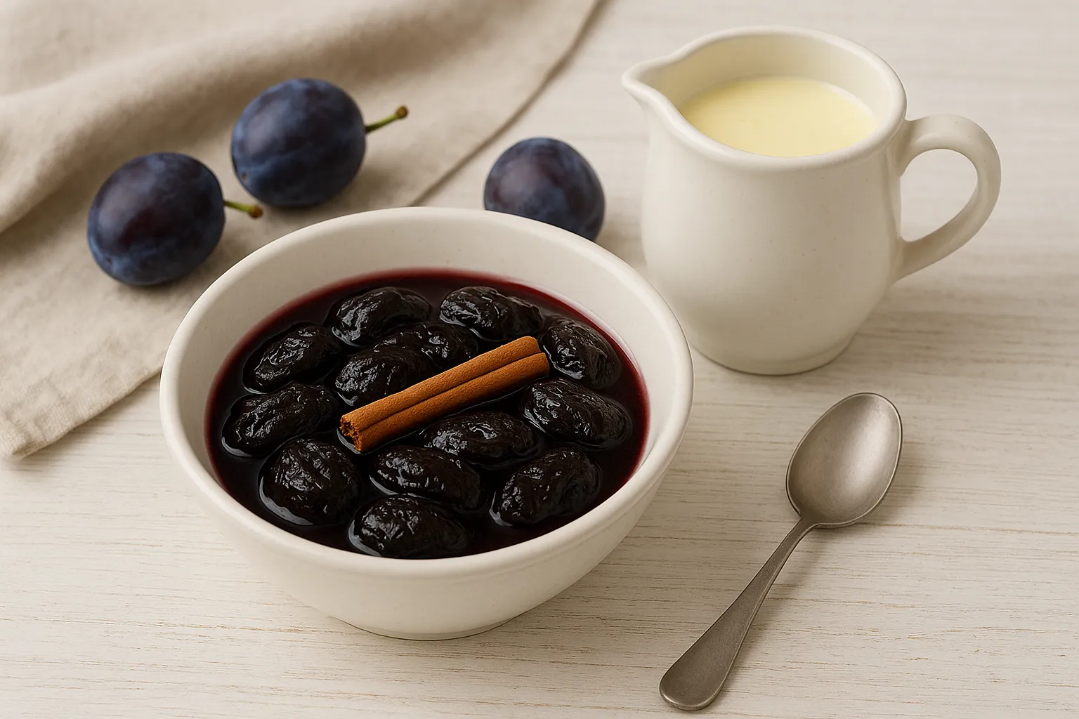 Mecklenburger Pflaumenpudding in einer weißen Schale, serviert mit Vanillesoße auf Holzhintergrund