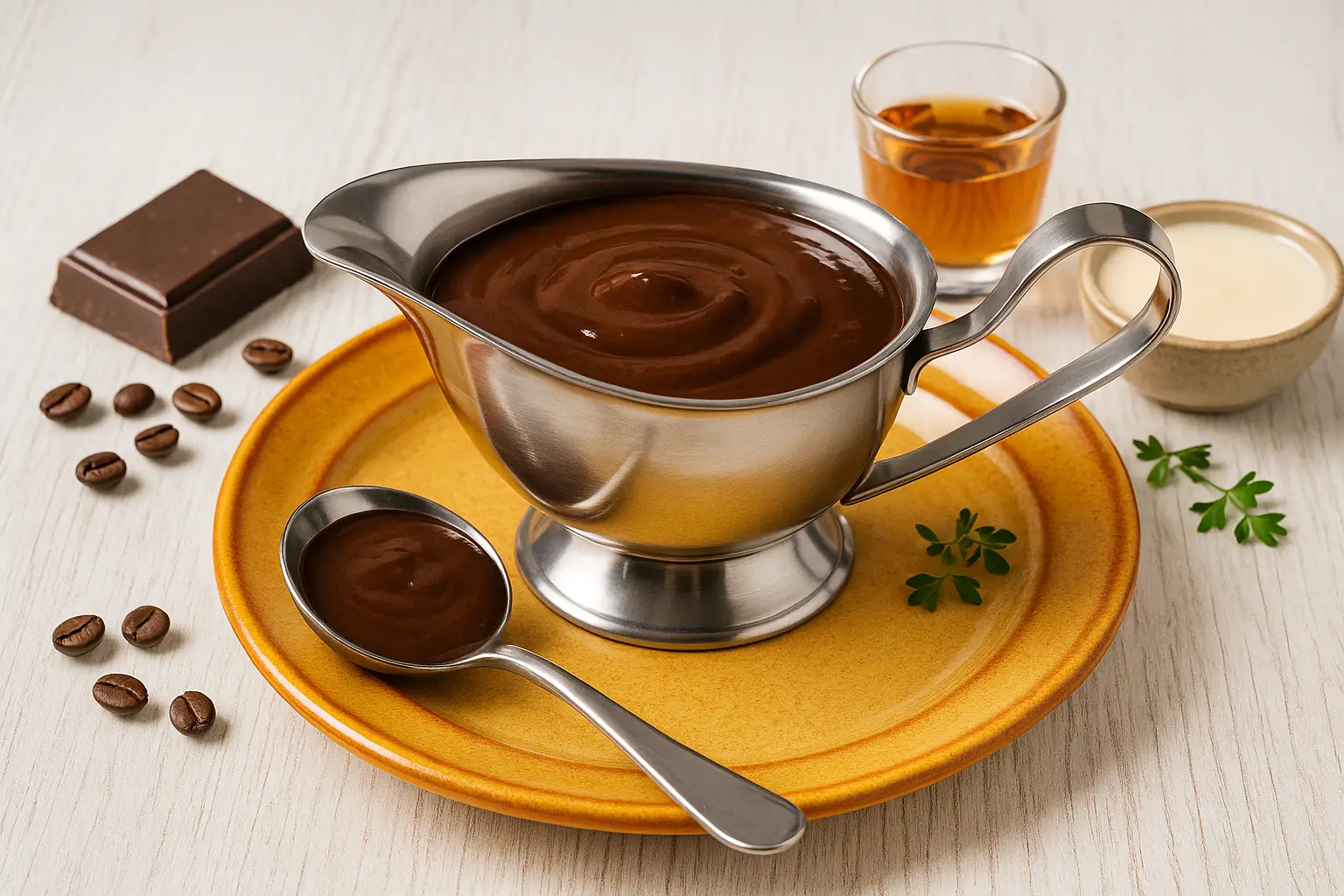  Mohrensoße aus Schokolade, Kaffee und Likör in einer Edelstahl-Sauciere, dekoriert mit Zutaten auf rustikalem DDR-Teller.