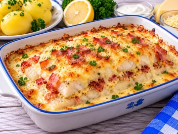 Überbackenes Fischfilet mit Senf, Speck, saurer Sahne und geschmolzenem Käse.