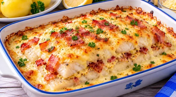 Überbackenes Fischfilet mit Senf, Speck, saurer Sahne und geschmolzenem Käse.