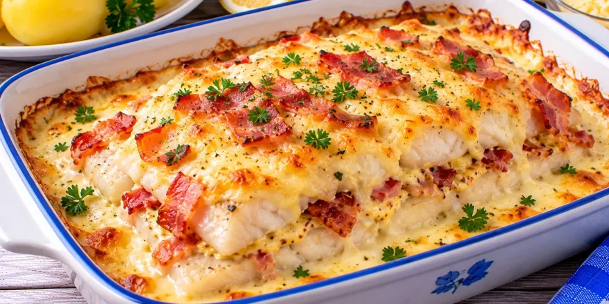 Überbackenes Fischfilet mit Senf, Speck, saurer Sahne und geschmolzenem Käse.