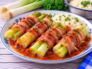 Gebratene Porreerollen mit Speck und würziger Tomatensoße.