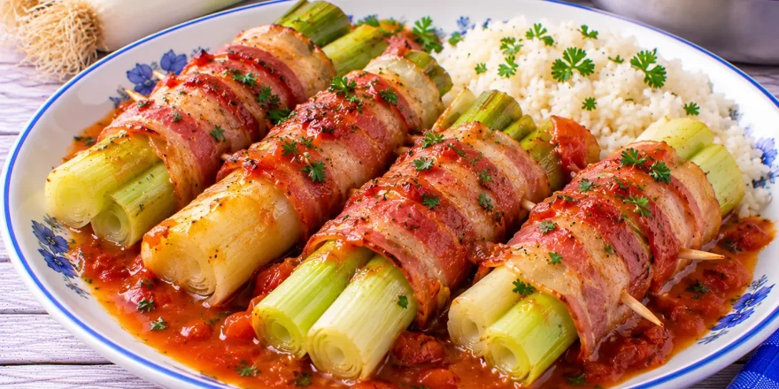 Gebratene Porreerollen mit Speck und würziger Tomatensoße.