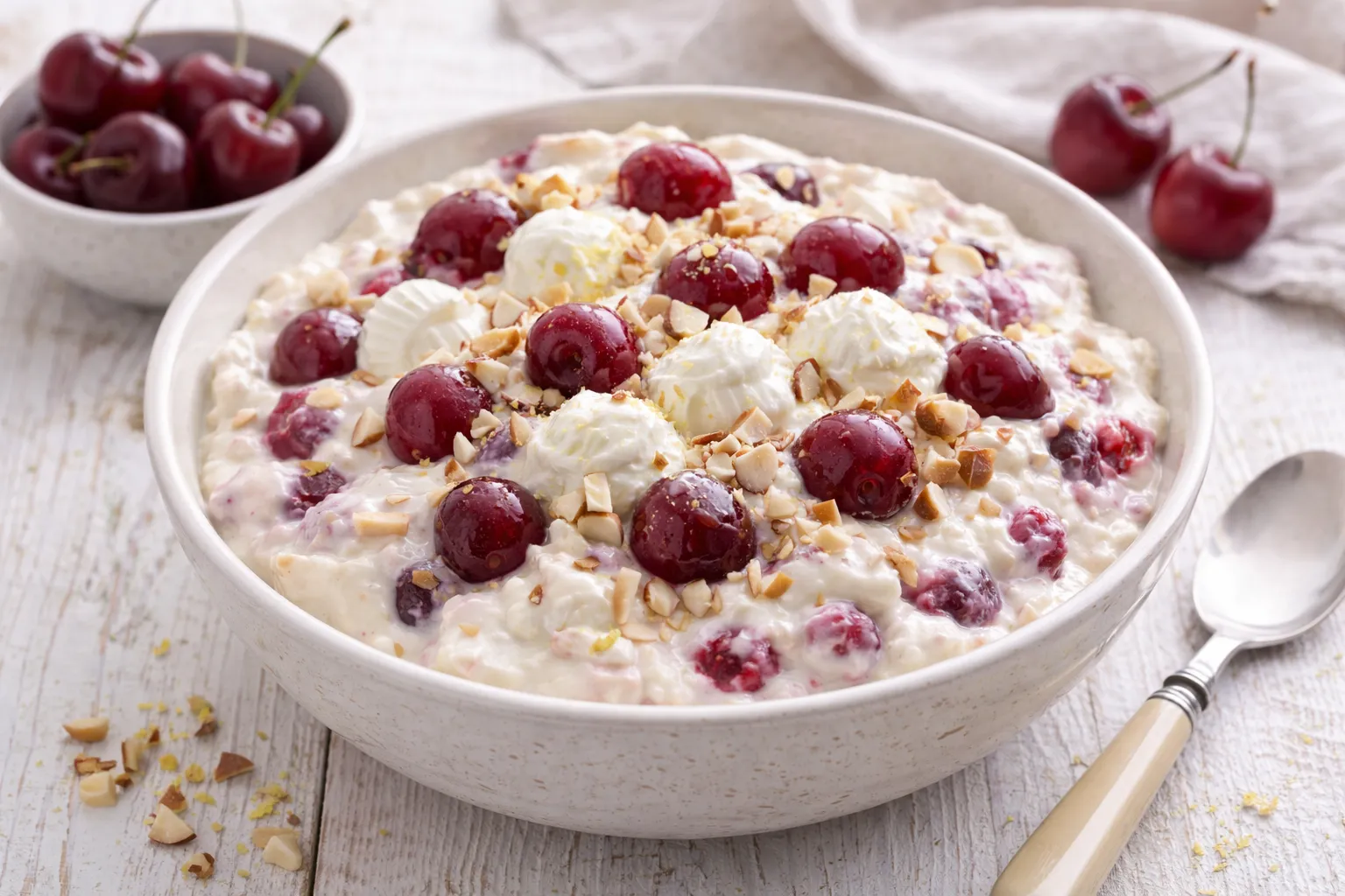 Quarkspeise mit Kirschen und Mandeln in einer weißen Schüssel auf weißem Holzhintergrund