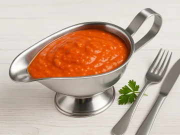 Rote Käsesoße in einer glänzenden Edelstahlsauciere auf weißem Holzhintergrund serviert